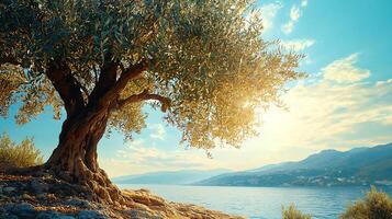 Ancient olive tree overlooking a serene coastal landscape at sunrise. photo