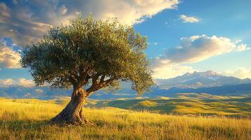 Ancient Olive Tree Under a Dramatic Sky in Rolling Hills. A solitary, gnarled olive tree stands majestically in a sun drenched field, overlooking a breathtaking mountain range under a vibrant sky. photo