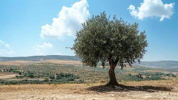 An ancient olive tree stands solitary in a vast agricultural landscape under a bright blue sky. photo