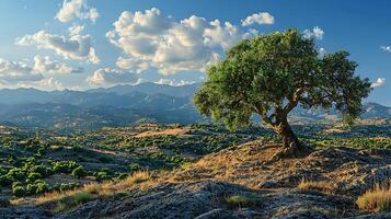 Majestic lone olive tree stands on rocky terrain with mountains in the background. photo