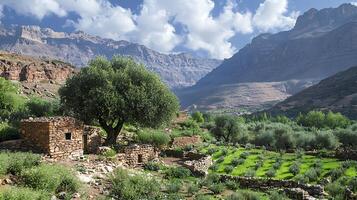 Rustic stone dwellings nestled in a green valley beneath majestic mountains. This serene landscape captures the beauty of traditional architecture harmonizing with nature. photo