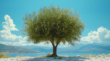 Solitary olive tree stands against a backdrop of serene blue mountains and a tranquil turquoise sea. photo