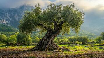 Ancient Olive Tree Flourishes in Scenic Mountain Landscape. A testament to time and nature, this venerable olive tree stands majestically against a backdrop of misty mountains and verdant hills. photo