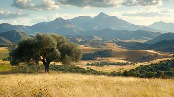 Majestic mountain landscape with an ancient olive tree in a golden field. This serene scene captures the beauty of nature's grandeur under a partly cloudy sky. photo