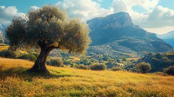 Ancient olive tree thrives in a sun drenched meadow with a majestic mountain backdrop. photo