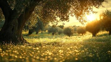 Golden Hour Glow on an Ancient Olive Grove. Sunlight streams through the leaves of a majestic olive tree, illuminating a meadow of wildflowers in warm, diffused light. photo