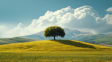 A lone, vibrant tree stands atop a rolling hill blanketed in yellow wildflowers. The scene is set against a backdrop of distant mountains and a sky filled with dramatic clouds. photo