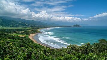 Expansive Coastal Panorama with Lush Green Hills Meeting the Turquoise Ocean. photo