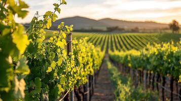 Lush vineyard rows bathed in golden hour sunlight with rolling hills in the background. This scenic view captures the essence of viticulture and agricultural beauty at dusk. photo