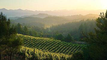 Rolling hills of a sunlit vineyard at dawn, with mountains fading into the distance. photo