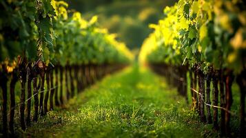 Sunlight filtering through lush green grapevines in a vineyard. This image captures the beauty of a vineyard during a golden hour. photo