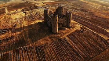 Aerial view of a medieval castle nestled within cultivated fields. The warm, golden light of sunset casts long shadows across the landscape, highlighting the textured patterns of the land. photo