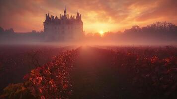 Enchanting castle shrouded in morning mist, with vibrant autumn vineyard in the foreground. photo