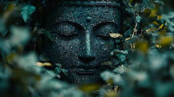 Serene Buddha Statue Embraced by Lush Green Foliage. A symbol of peace and tranquility, this statue's textured surface is softened by surrounding natural elements. photo
