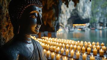 Serene Buddha statue illuminated by countless candles in a dimly lit cave. This image captures a moment of peace and spiritual contemplation, set against a mystical cave backdrop. photo