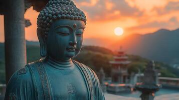 Serene Buddha Statue at Sunset Overlooking a Temple and Mountains. photo