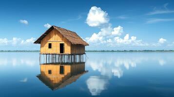 Idyllic stilt house on calm water under a blue sky with fluffy clouds. A tranquil scene showcasing a traditional dwelling mirrored perfectly on the glassy surface. photo