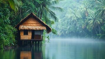 Serene Tropical Hut Overlooking Misty Rainforest River. photo