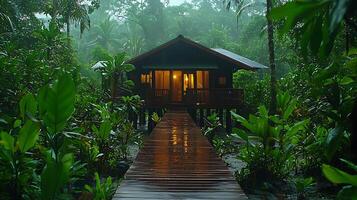Cozy cabin in the rainforest during a refreshing rain shower. The warm interior light spills out onto a wet wooden walkway surrounded by lush greenery. photo