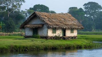 Rustic Thatched Hut Amidst Lush Green Rice Paddies and Forest. This image captures the serene beauty of a traditional dwelling in a natural, vibrant landscape. photo