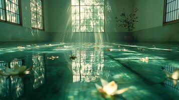 Serene room with water and floating flowers, illuminated by sunbeams through windows. This tranquil scene evokes peace and natural beauty. photo