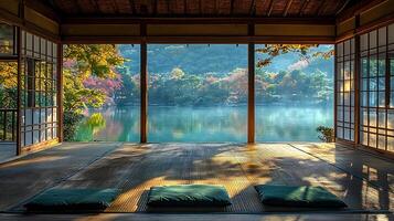 Serene Japanese Garden View from Traditional Room with Cushions. This image captures a tranquil autumn scene through a wooden framed window of a minimalist Japanese room, photo