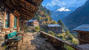 A tranquil mountain village pathway with rustic lodges and towering snow capped peaks. Serene and remote, this scene captures the essence of a peaceful alpine getaway. photo