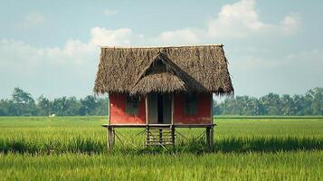 A solitary red stilt house with a thatched roof stands amidst lush green rice fields under a clear blue sky with scattered clouds. photo