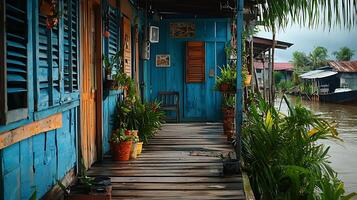 Rustic waterfront home with vibrant blue shutters and lush greenery. This image captures the charm of a waterside dwelling, showcasing its weathered wood and tropical plants. photo