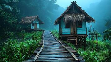 Rustic huts nestled in a misty tropical rainforest. Wooden walkway leads to isolated dwellings in a lush, green jungle. photo