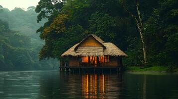 A secluded wooden cabin with a thatched roof sits on stilts over a calm lake, illuminated by warm interior lights. photo