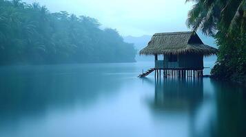 Serene Tropical Hut on Calm Waters Amidst Lush Greenery. photo