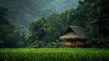Idyllic tropical hut nestled amidst lush green foliage and dense jungle. photo