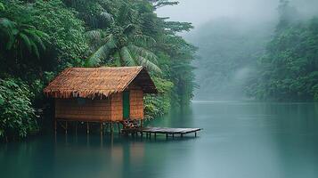 Serene bamboo hut nestled on a tranquil lake amidst lush tropical foliage. photo