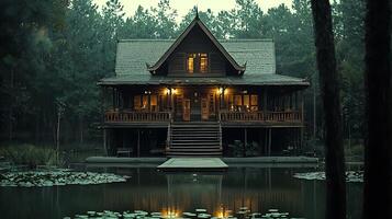Enchanting wooden lodge nestled by a tranquil forest lake, illuminated by warm interior lights at dusk. photo