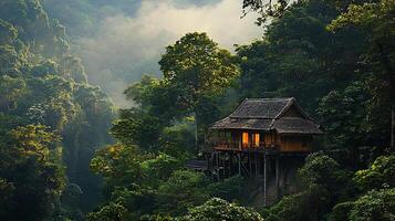 Enchanting jungle lodge bathed in the warm glow of morning sunlight. This secluded retreat offers a serene escape nestled amidst lush green foliage and misty valleys. photo