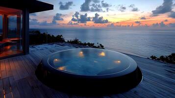 Luxury resort hot tub overlooking a tropical ocean sunset. The tranquil waters reflect the warm hues of the sky, creating a serene and inviting atmosphere. photo