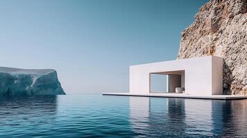 Modern minimalist architecture meets dramatic natural landscape with a serene infinity pool. photo