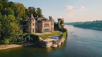 Majestic waterfront chateau with pool and turret on a serene river. This grand estate captures the essence of luxury and historical charm against a backdrop of lush greenery and calm waters. photo