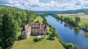 Scenic aerial view of a historic chateau situated on a riverbank, surrounded by lush greenery and rolling hills under a dramatic sky. photo