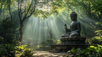 Serene Buddha Statue bathed in Sunbeams within a Lush Forest. photo