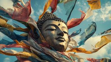 Serene Buddha statue adorned with colorful prayer flags billowing in the sky. This image captures a moment of peaceful spirituality and cultural tradition. photo