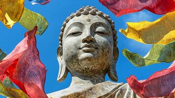 Serene Buddha statue with colorful prayer flags fluttering against a blue sky. photo