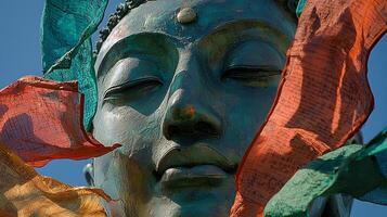 Serene Buddha Statue with Colorful Prayer Flags in the Breeze. This image captures the peaceful expression of a Buddha statue adorned with vibrant, flowing prayer flags against a clear blue sky. photo