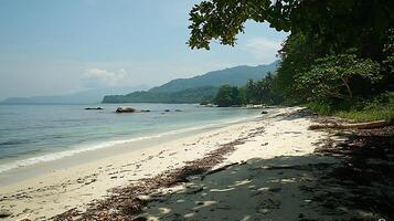 A serene tropical beach with lush green mountains in the background. Gentle waves lap onto a sandy shore dotted with driftwood and rocks under a clear blue sky. photo