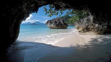 Idyllic tropical beach viewed from inside a cave with calm turquoise waters and lush green foliage. photo