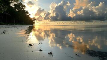 Serene beach sunrise with dramatic clouds reflected on the wet sand and calm ocean water. photo