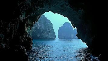 View from a dark cave opening to misty limestone karsts in turquoise water. photo