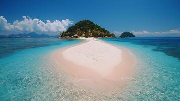 Idyllic Tropical Island with Pristine Sandbar and Turquoise Waters. A secluded paradise awaits with clear blue skies, lush green vegetation, and calm seas. photo