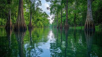 Serene Cypress Swamp with Distorted Reflections. photo